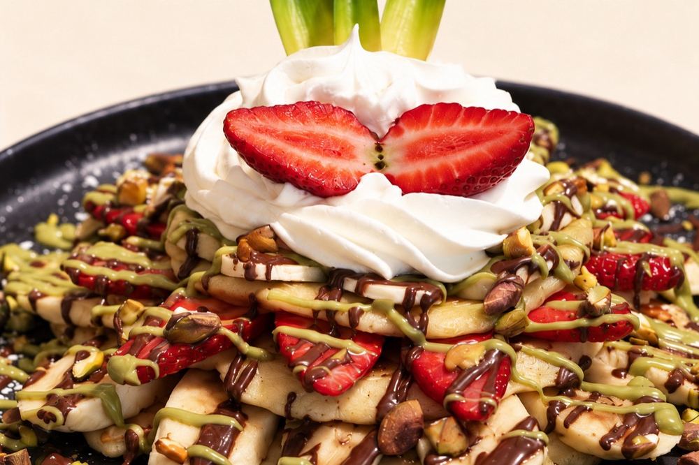 Crêpe aux pistaches avec fraises, bananes et crème de pistache maison